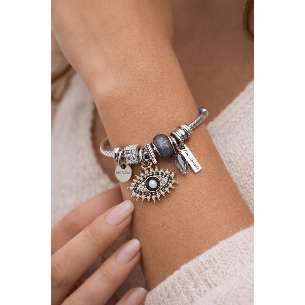 Evil Eye Charm Cable Bangle‎ Bracelet Silver Tone Crystal Beads